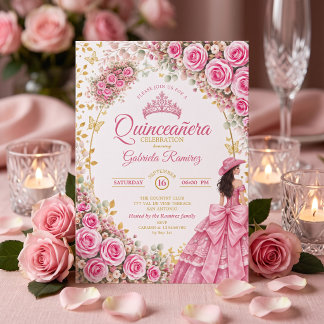 Aquarell Helle Rosa Rosen Goldene Quinceañera Einladung
