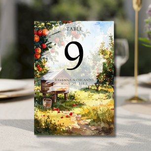 Aquarell Herbst Apfelplantage Herbsthochzeit Tischnummer