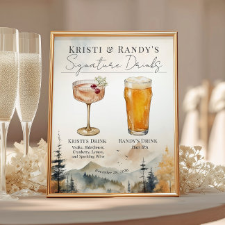 Aquarell-Herbst-Berg-Hochzeits-Drinks-Bar-Schild