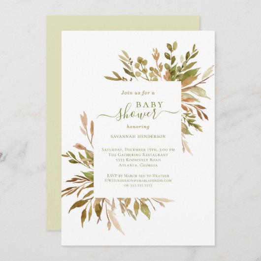 Aquarell Herbst Grünpflanzen Kinderdusche Einladun Einladung (Vorne/Hinten)