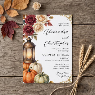 Aquarell Herbst-Kürbis-Rosen-Laterne-Hochzeit Einladung