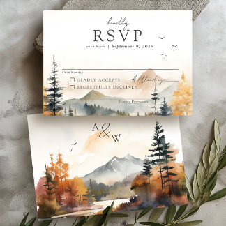 Aquarell-Herbstbaum-Gebirgsszene-Einfache Hochzeit RSVP Karte