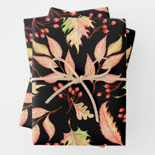 Aquarell Herbstblätter und rote wilde Beeren  Geschenkpapier Set
