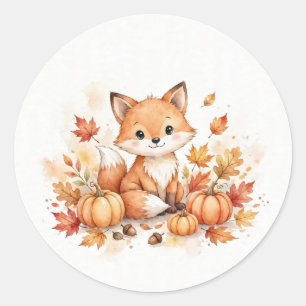Aquarell-Herbstfuchs mit Kürbis-Sticker Runder Aufkleber
