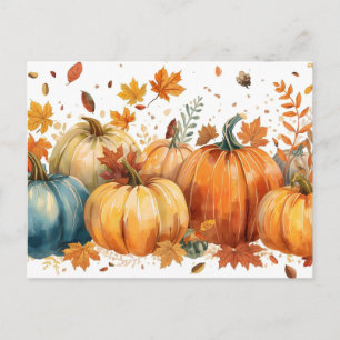 Aquarell Herbstkürbisse und orange Blätter Postkarte