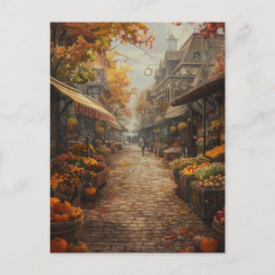 Aquarell Herbstlaub Belebte Marktstraße Feiertagspostkarte