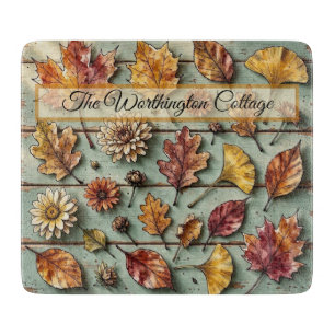 Aquarell Herbstlaub und Holz rustikale Herbstkunst Schneidebrett