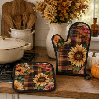 Aquarell-Herbstsonnenblumen & Floral-Karo Ofenhandschuh & Topflappen-Set