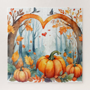 Aquarell Herbstwald Kürbis im Herzen Puzzle