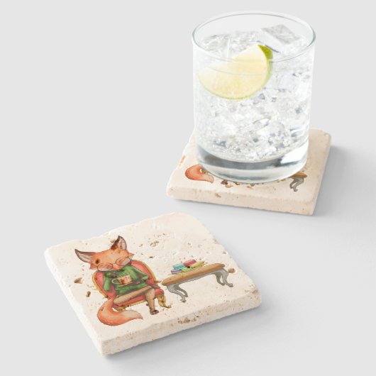 Aquarell Herr Fox hat Tee und Macaroons Steinuntersetzer (Seitenansicht)