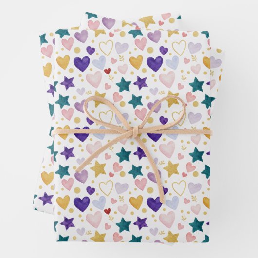 Aquarell-Herzen & schimmernde Sterne Geschenkpapier Set (Beispiel)