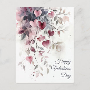 Aquarell-Herzen und Blumen Valentinsgruß Postkarte