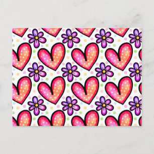 Aquarell-Herzen und Blumen Valentinsmuster Postkarte