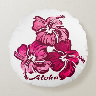 Aquarell-Hibiskus-Hawaiianisches-Blumenmuster-Reve Rundes Kissen