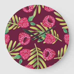 Aquarell-Himbeeren: rotes Fruchtmuster. Große Wanduhr