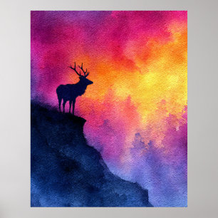 Aquarell-Hirsch auf Klippe bei Sonnenuntergang Poster