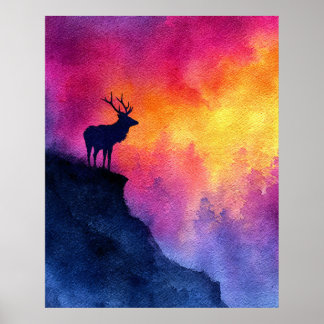 Aquarell-Hirsch auf Klippe bei Sonnenuntergang Poster