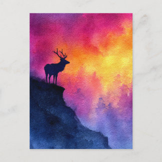 Aquarell-Hirsch auf Klippe bei Sonnenuntergang Postkarte