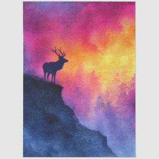 Aquarell-Hirsch auf Klippe bei Sonnenuntergang Seidenpapier