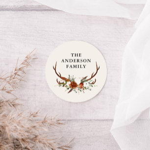 Aquarell-Hirsch-Blumen-Terrakotta-modern-elegant Runder Aufkleber