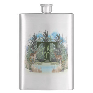 Aquarell-Hirsch personalisierter Monogramm-Buchsta Flachmann