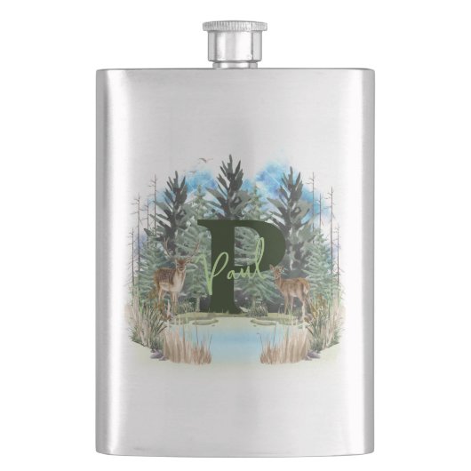 Aquarell-Hirsch personalisierter Monogramm-Buchsta Flachmann (Vorderseite)