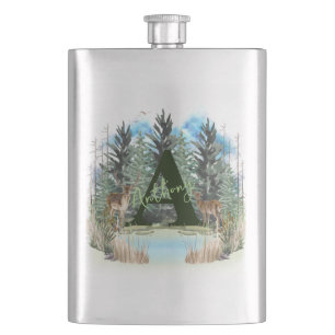 Aquarell-Hirsch personalisierter Monogramm-Buchsta Flachmann