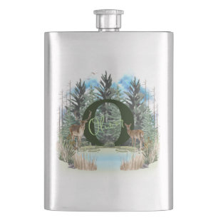 Aquarell-Hirsch personalisiertes Monogramm Buchsta Flachmann
