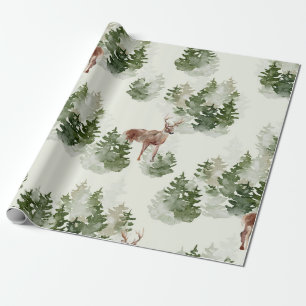 Aquarell Hirsch und nebliger Kiefernwald Geschenkpapier