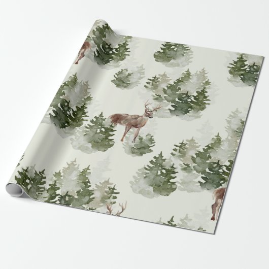 Aquarell Hirsch und nebliger Kiefernwald Geschenkpapier (Ungerollt)