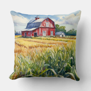 Aquarell Hochgezüchteter Prärie-Barn und Maisfeld Kissen