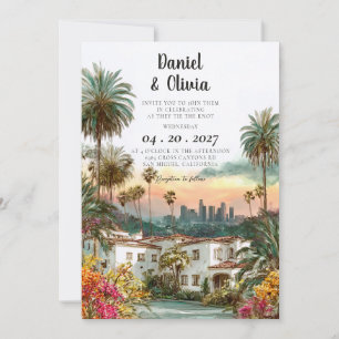 Aquarell-Hochzeit Los Angeles Ziel Skyline Einladung