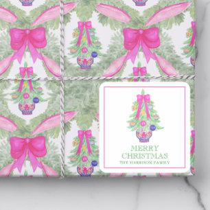 Aquarell-Hot-Pink-Schleife-Ginger-Jar-Weihnachtsge Quadratischer Aufkleber