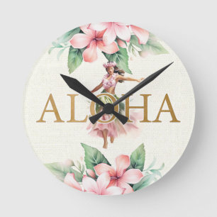 Aquarell-Hula-Mädchen Aloha auf Inselzeit Hawaii Runde Wanduhr