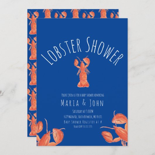 Aquarell Hummer Party Baby Showkran Blau Einladung (Vorne/Hinten)