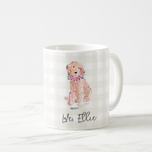 Aquarell Hunde Blume Liebe, Name Gingham Sweet Kaffeetasse (VorderseiteRechts)