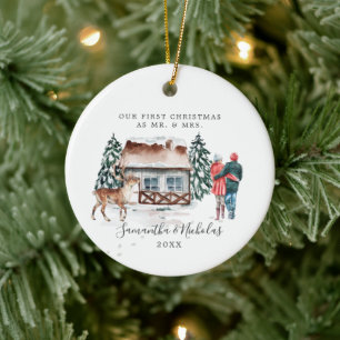 Aquarell-Hütte   Erstes Weihnachten als Herr & Fra Keramik Ornament