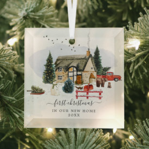 Aquarell-Hütte Erstes Weihnachten im neuen Zuhau Ornament Aus Glas