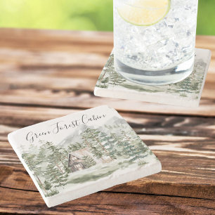 Aquarell-Hütte im grünen Kiefernwald Steinuntersetzer