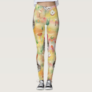 Aquarell-Igel mit Pilzen und Apfel Leggings