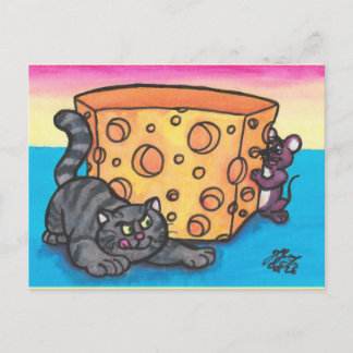 Aquarell-Illustration Comic Cartoon Katze Maus Postkarte
