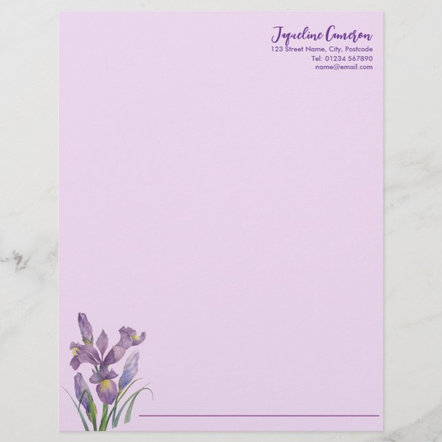 Aquarell-Illustration der violetten Iris Briefbogen (Vorderseite)