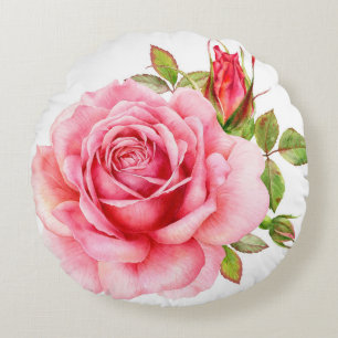 Aquarell-Illustration einer zarten rosa Rose mi Rundes Kissen
