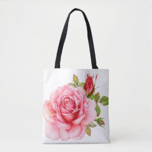 Aquarell-Illustration einer zarten rosa Rose mi Tasche