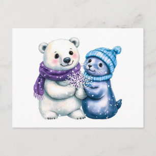 Aquarell-Illustration eines Eisbären und einer Rob Postkarte