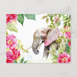 Aquarell Illustration eines Elefanten mit Blumen Postkarte