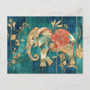 Aquarell Illustration eines Elefanten mit Blumen Postkarte