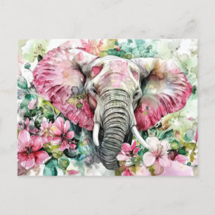 Aquarell Illustration eines Elefanten mit Blumen Postkarte