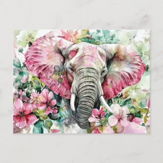 Aquarell Illustration eines Elefanten mit Blumen Postkarte (Vorderseite)