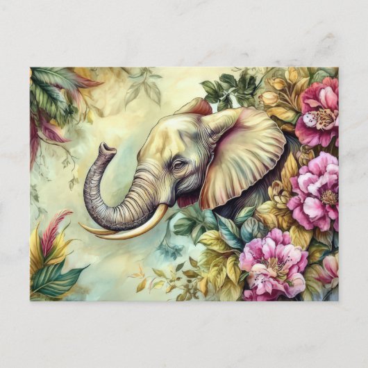 Aquarell Illustration eines Elefanten mit Blumen Postkarte (Vorderseite)